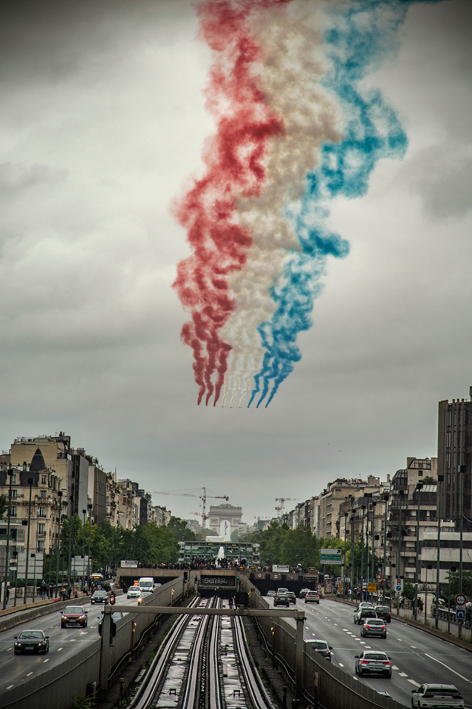 The Patrouille de France starting the air show for the French National Day, Paris, France, 14 Juillet 2021, (Nos Dren).