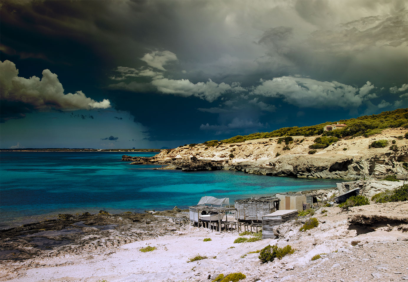 Calo d'Es Mort old harbor and boats, Formentera, Balearic Islands, Spain 2020, (Nos Dren).