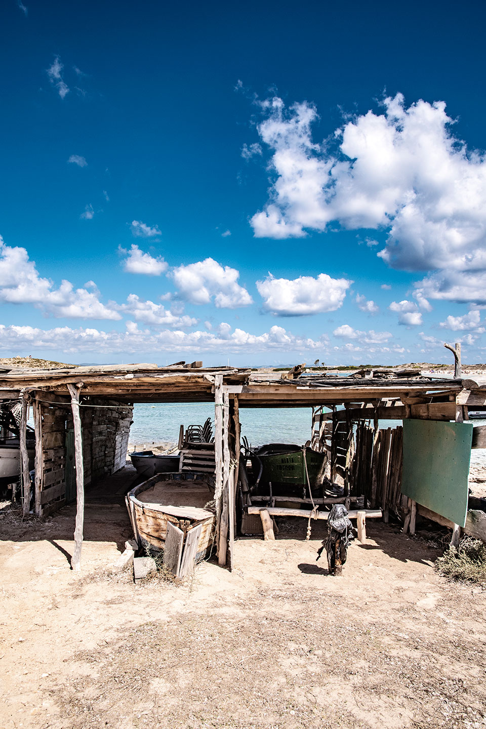 Old harbor and boats at Platja de ses Illetes, Formentera, Balearic Islands, Spain 2020, (Nos Dren).