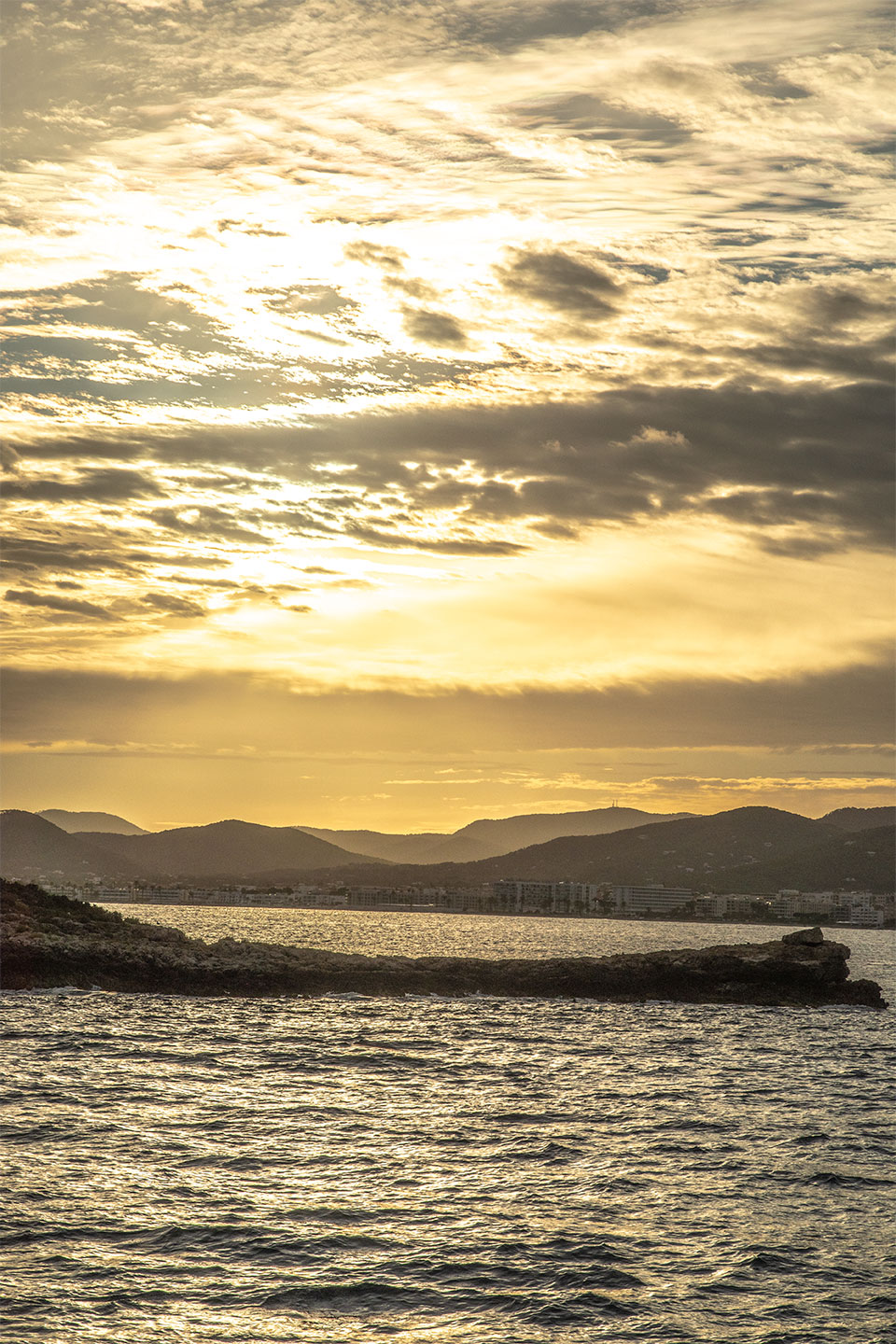 Ibiza city view from the sea by sunset, Balearic Islands, Catalonia, Spain. (Nos Dren).
