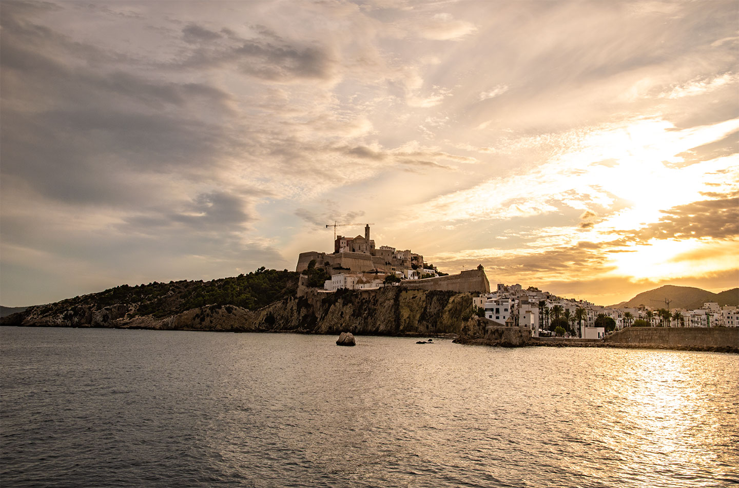 Ibiza, Eivissa harbour and Dalt Vila by sunset, Balearic Islands, Catalonia, Spain. (Nos Dren).