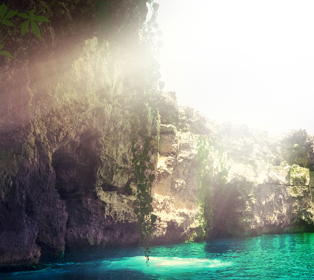 Gozo island, secret place, cliff and blue lagoon with underwater caves, (Nos Dren).