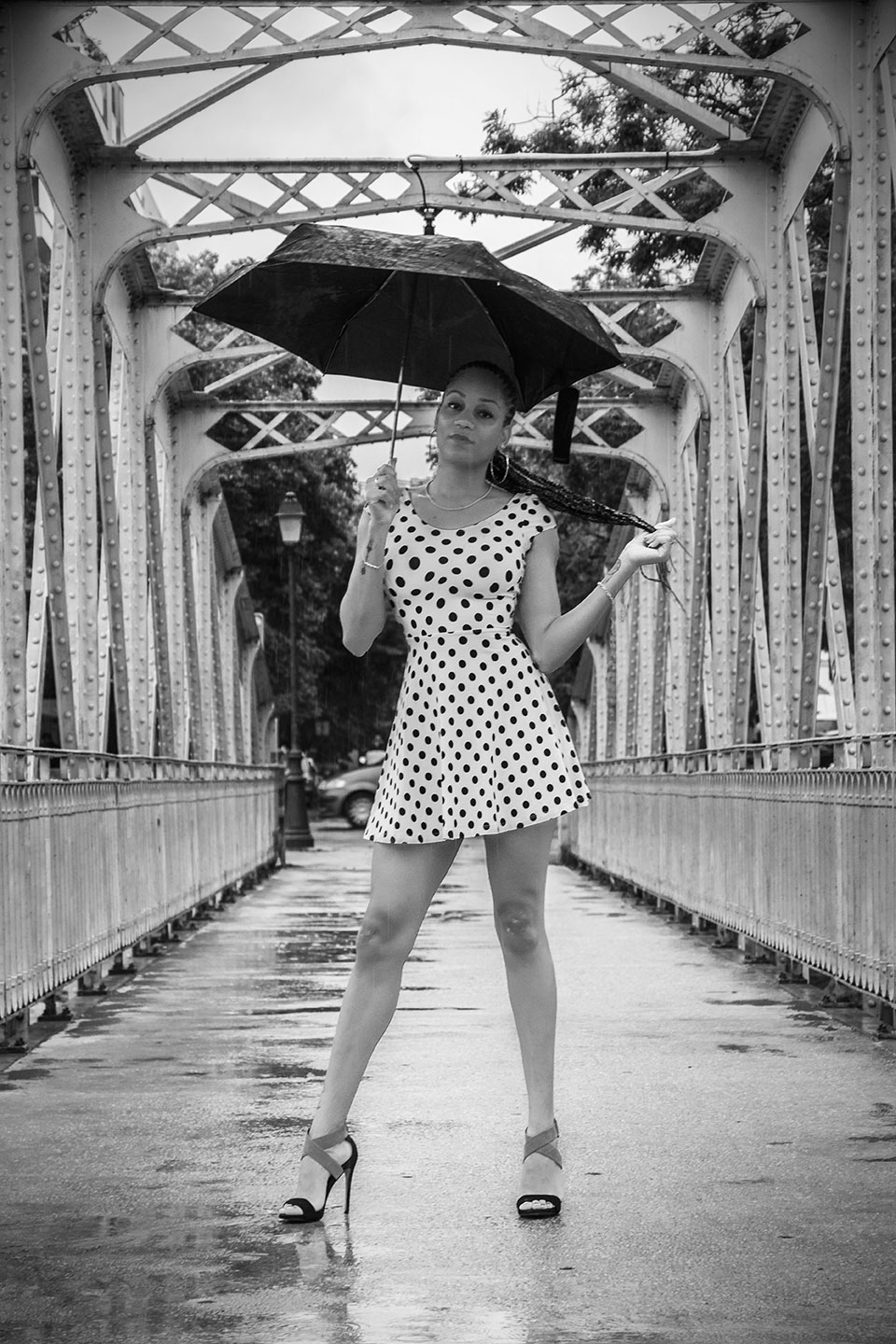 Laetitia, the beautiful black pinup girl in sexy dress and high heels at Paris Bastille, France 2021 (Nos Dren).