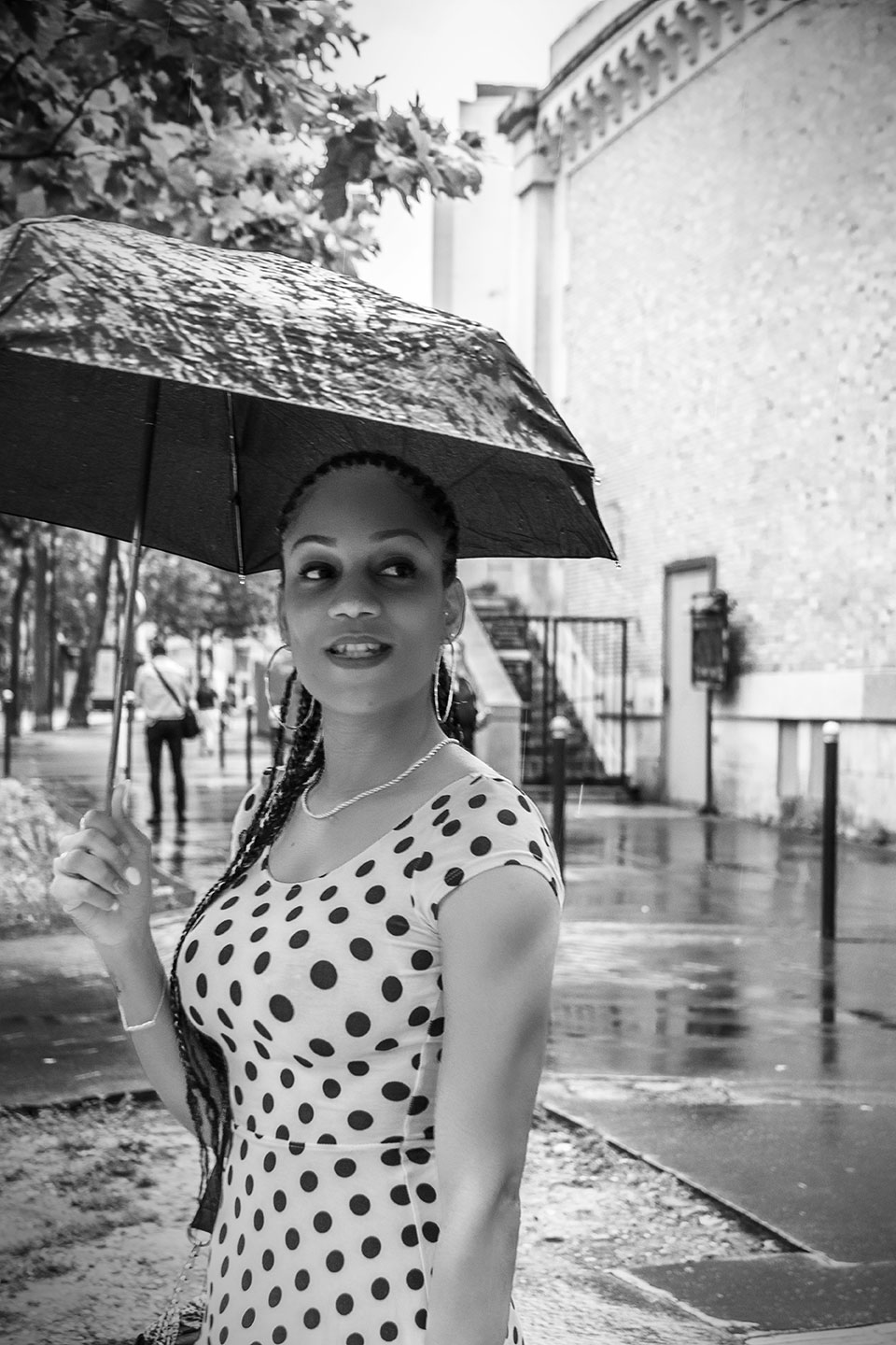 Laetitia, the beautiful black pinup girl in sexy dress and high heels at Paris Bastille, France 2021 (Nos Dren).