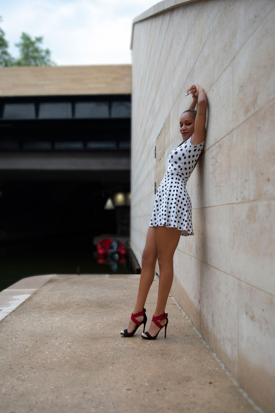 Laetitia, the beautiful black pinup girl in sexy dress and high heels at Paris Bastille, France 2021 (Nos Dren).