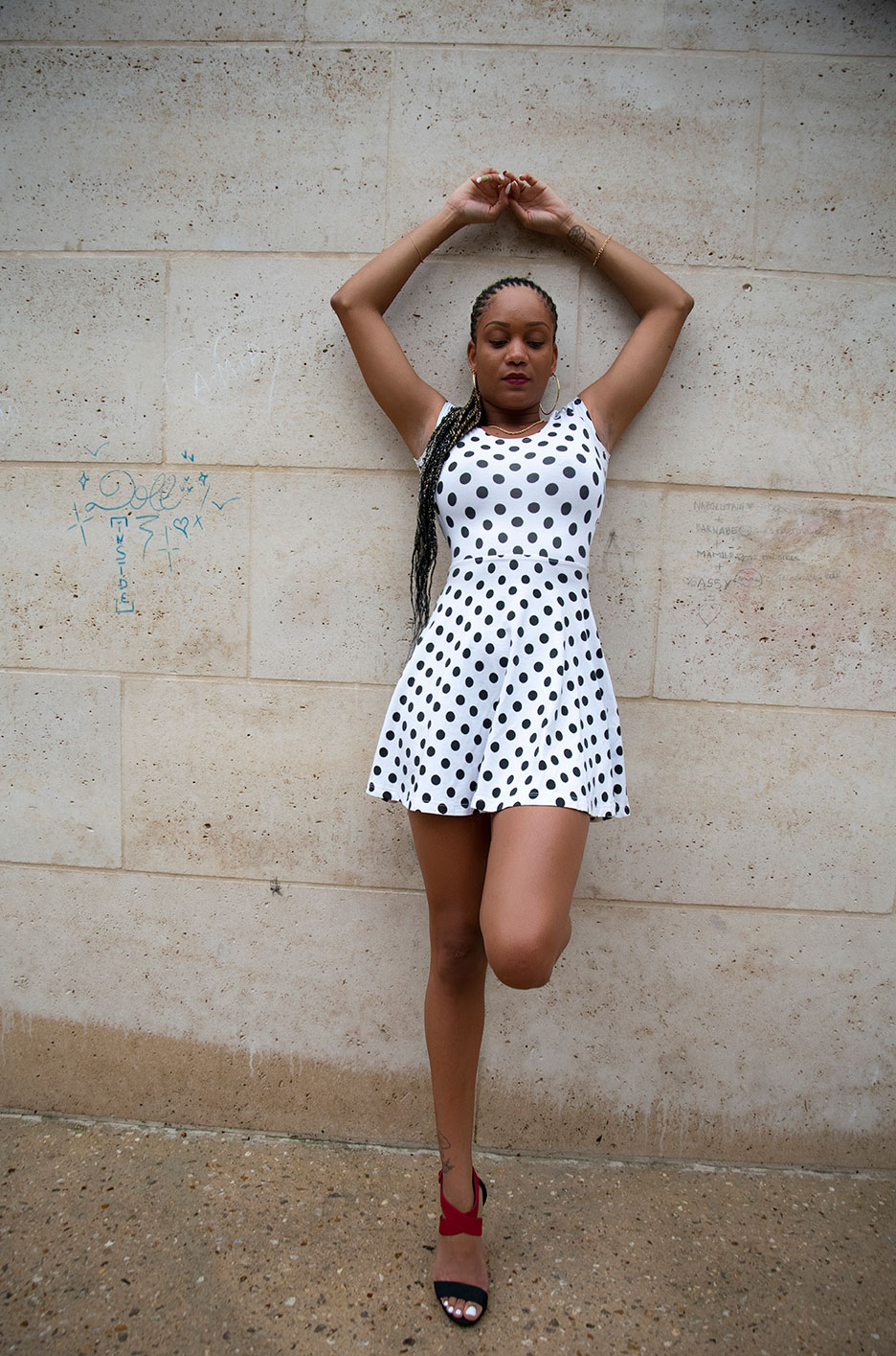 Laetitia, the beautiful black pinup girl in sexy dress and high heels at Paris Bastille, France 2021 (Nos Dren).