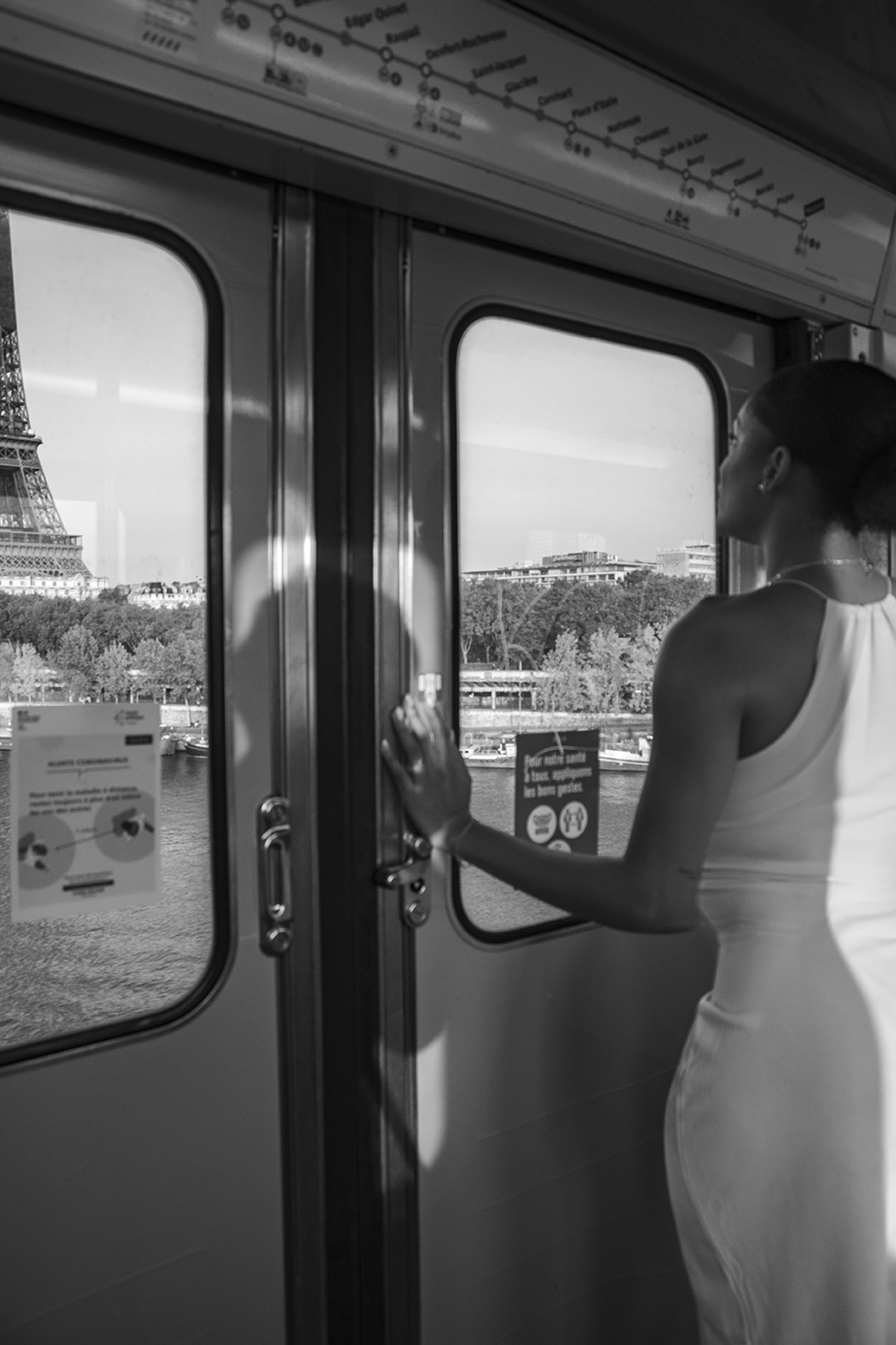 Fashion model Laurine at Paris, Black and white photography, Bir Hakeim metro subway, Eiffel Tower, France, (Nos Dren).