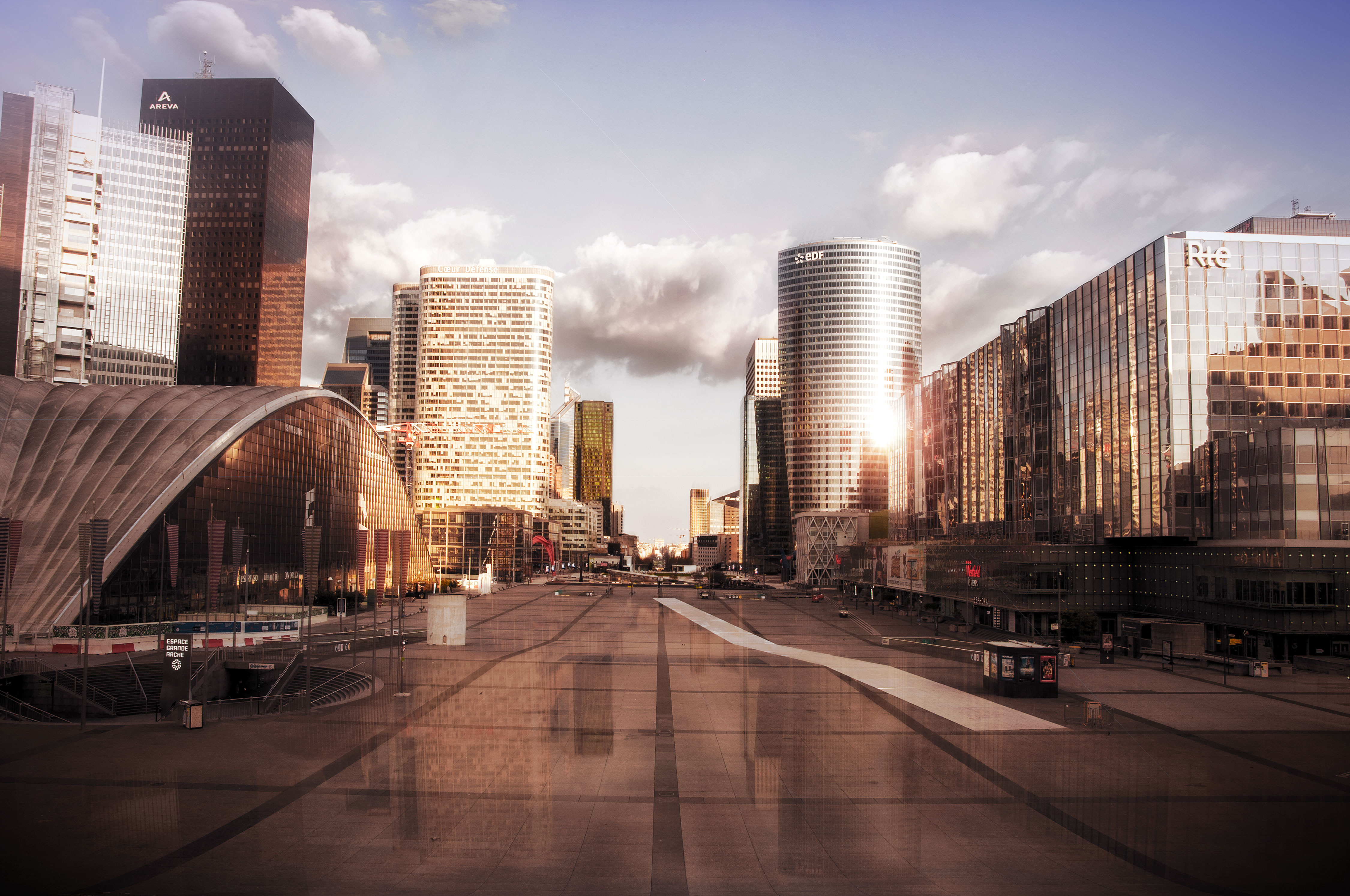 Paris La Défense, the French business district is empty like a ghost city because of the quarantine due to the Coronavirus COVID-19 2020, (Nos Dren)