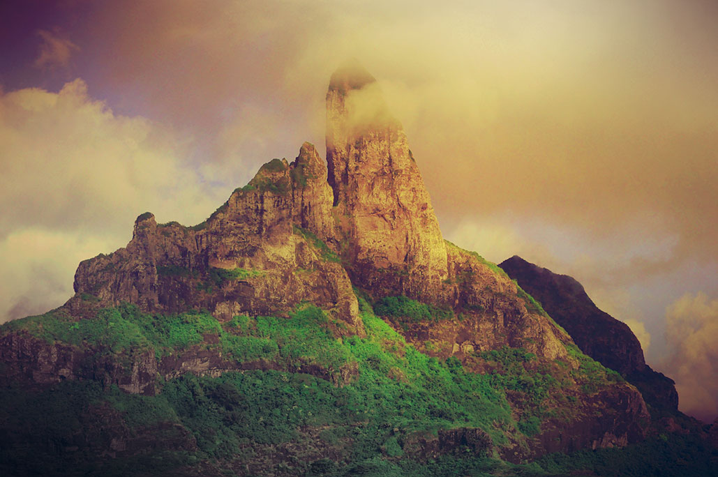 French Polynesia, Bora Bora island, mount Otemanu in middle of frog by sunset, dramatic photography. (Nos Dren)