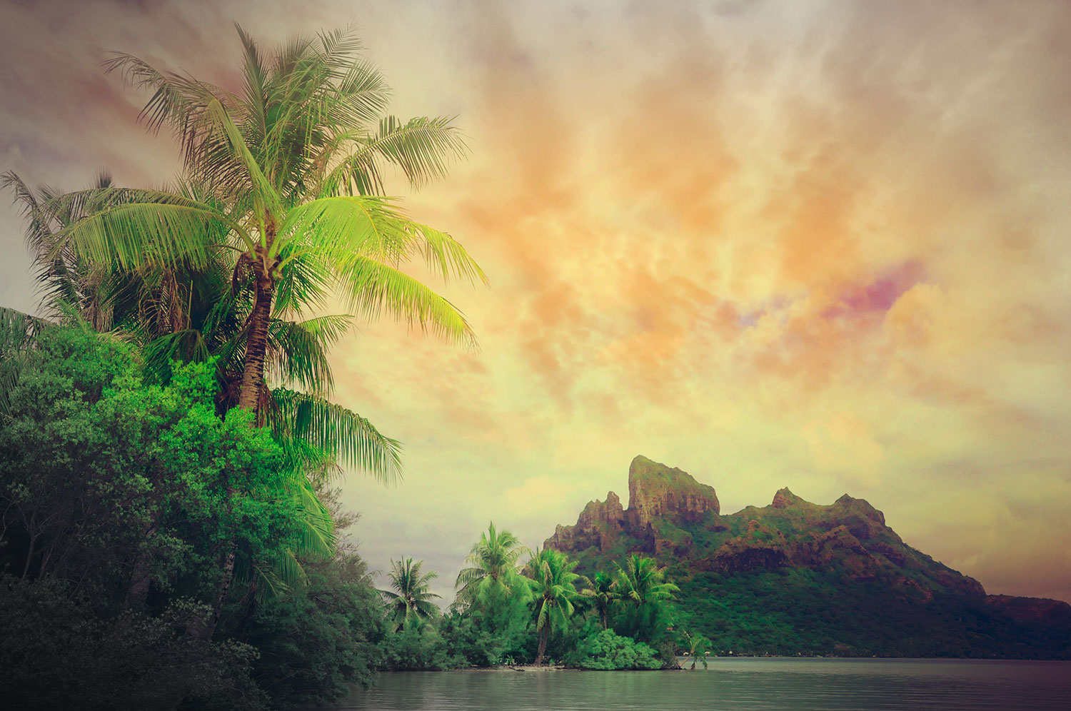French Polynesia, Bora Bora island, mount Otemanu in middle of frog by sunset, dramatic photography. (Nos Dren)